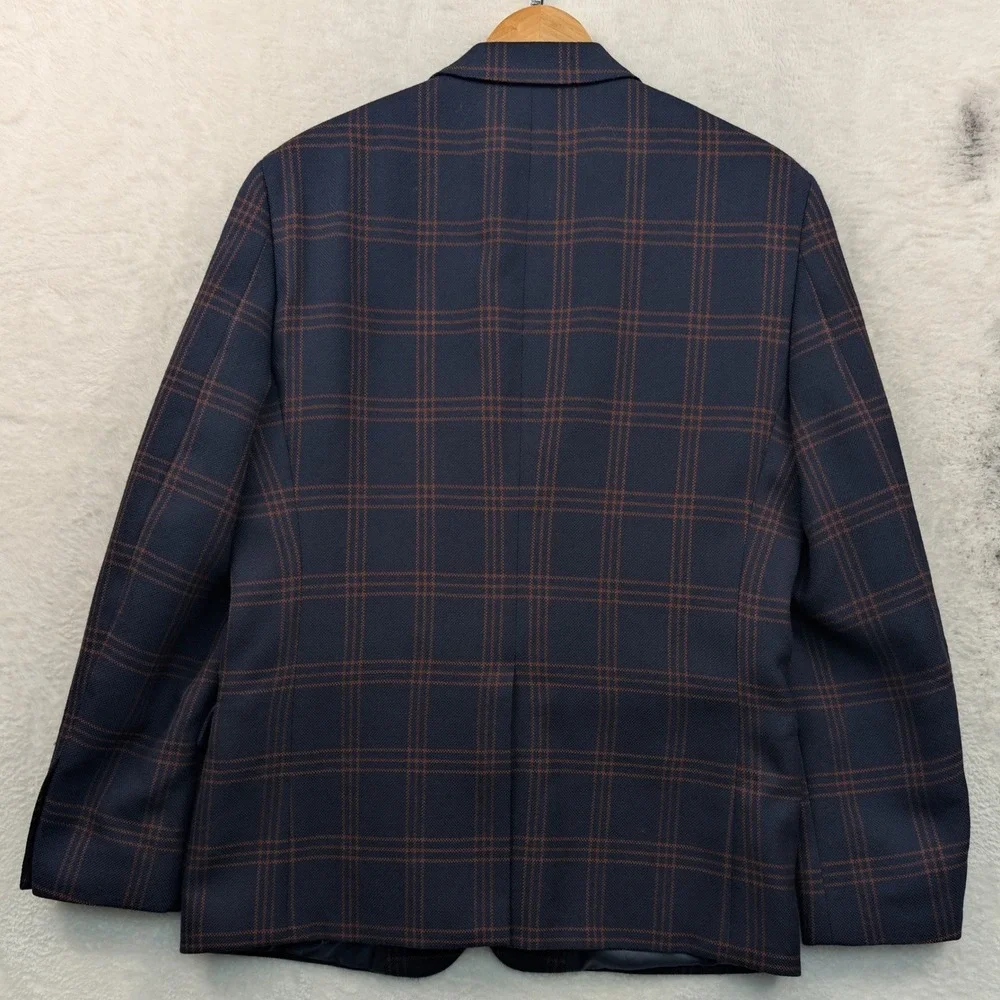 Stafford Blazer Men's 44R Navy Blue Rust Plaid Wool Slim Fit Business Windowpane